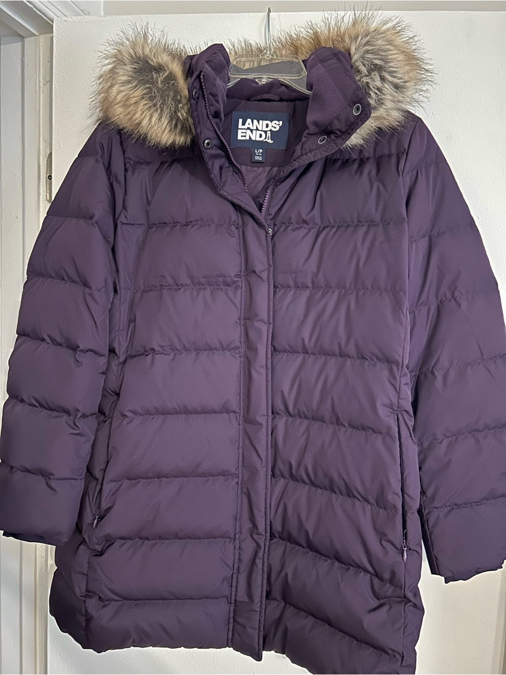 Lands' End Women's Purple Puffer Coat with Faux Fur Hood